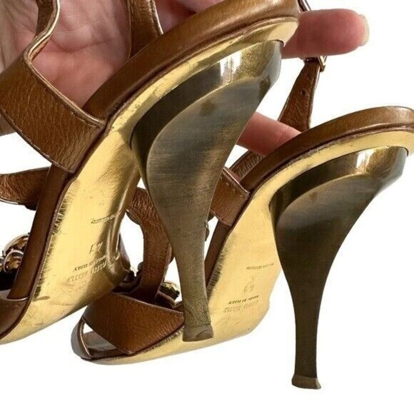 Miu Miu T-Strap Heels Bronze Metallic Jeweled Sandals 41 US 11 Sling Back Party - Picture 3 of 11